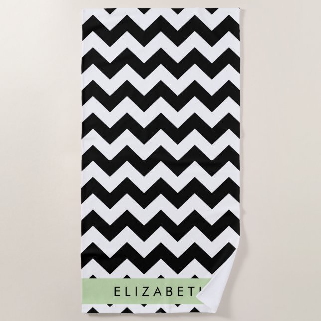 Serviette De Plage Zigzag noir et blanc, Motif Chevron, Votre nom (Devant)