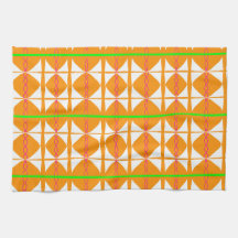 Serviette de thé abstraite orange vif, verte et bl