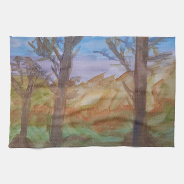 Serviette de thé aux arbres du coucher de soleil (Horizontal)