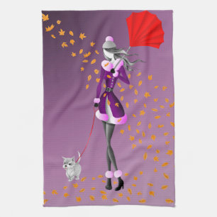Serviette de thé aux feuilles d'automne violettes 