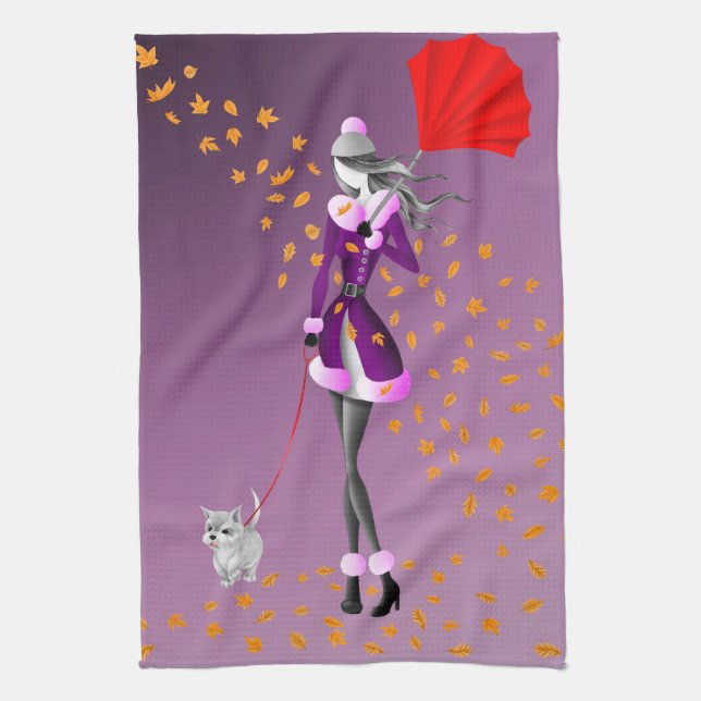 Serviette de thé aux feuilles d'automne violettes  (Vertical)