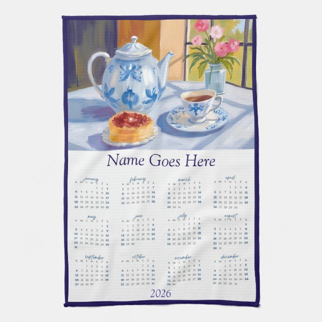 Serviette de thé Calendrier 2026 Blue Teapot & Pât (Vertical)