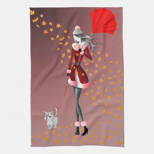 Serviette de thé Chien & Dame Feuilles d'automne r (Vertical)