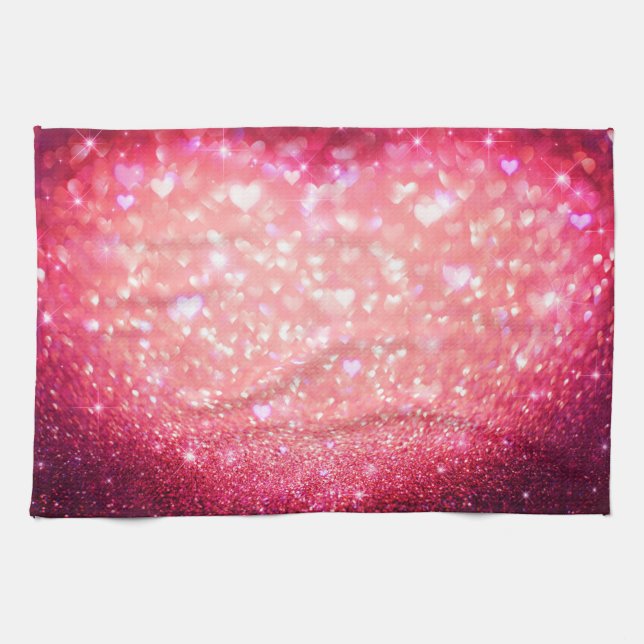 Serviette de thé - Coeur rose étincelant (Horizontal)
