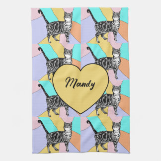 Serviette de thé couleurs pastel chat tigré nom de