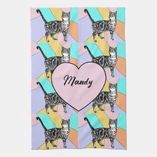 Serviette de thé couleurs pastel chat tigré nom de