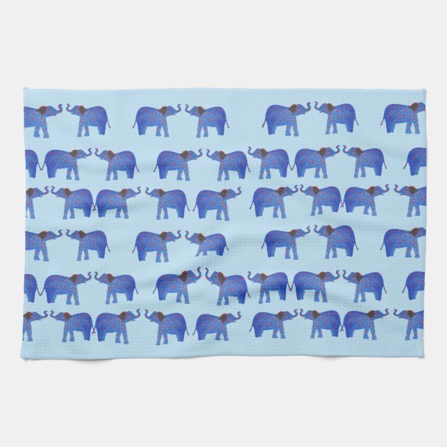 Serviette de thé d'humeur d'éléphant, motif bleu (Horizontal)