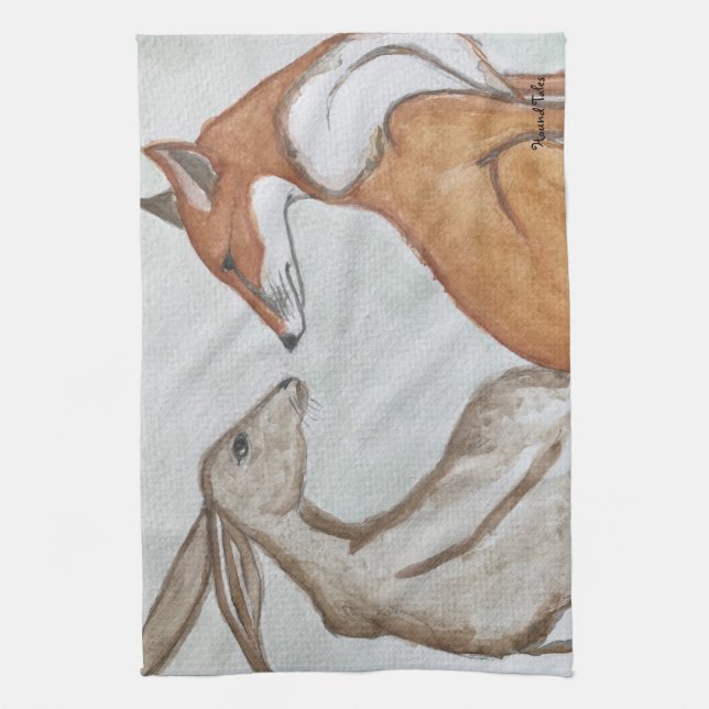 Serviette de thé Fox et lièvre / Serviette de cuis (Vertical)