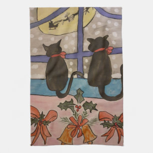 Serviette de thé Noir Chat Noël