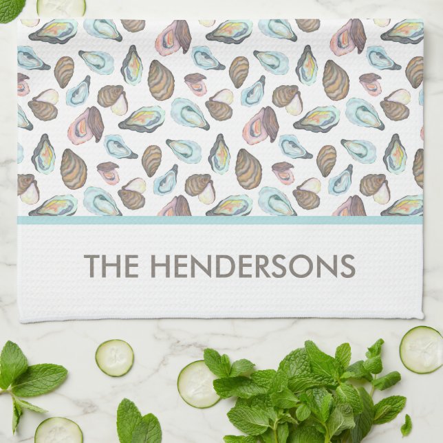 Serviette de thé personnalisée aux huîtres, nom de (Plié)