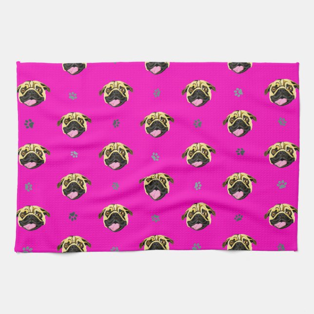 Serviette de thé Pug rose choquant (Horizontal)