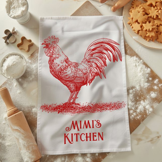 Serviette de thé rouge Rooster Nom personnalisable (Créateur téléchargé)