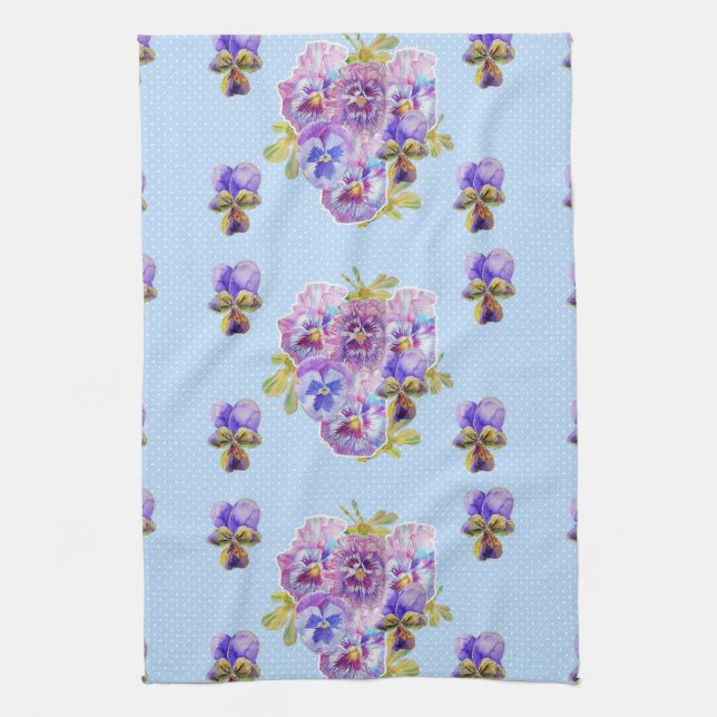 Serviette de thé Shabby Chic Blue Pansy Floral Dot (Vertical)