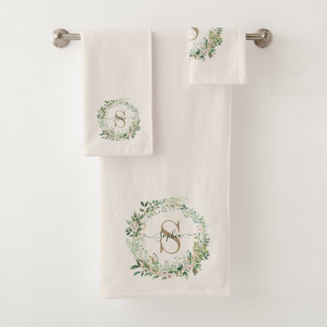 Serviette de toilette à monogramme botanique éléga (En situation)