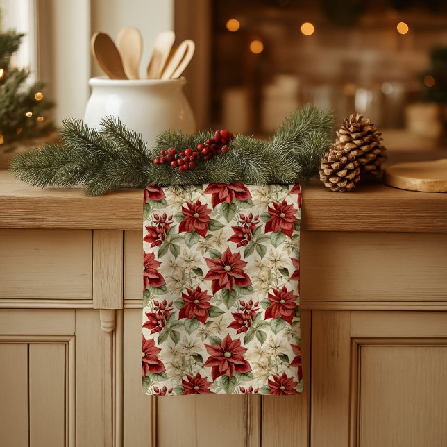 Serviette de vacances rustique Fleurs de Noël aqua (Rustic Holiday Towel Watercolor Christmas Flowers)