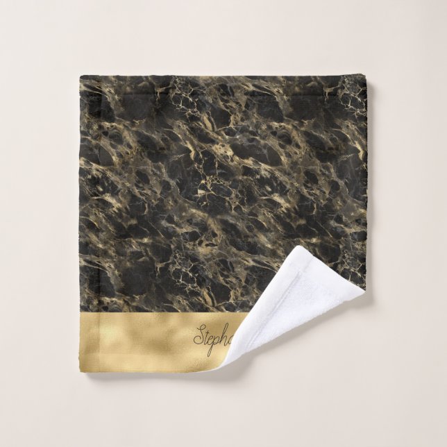 Serviette de visage à monogramme en marbre noir et (Gant de toilette)