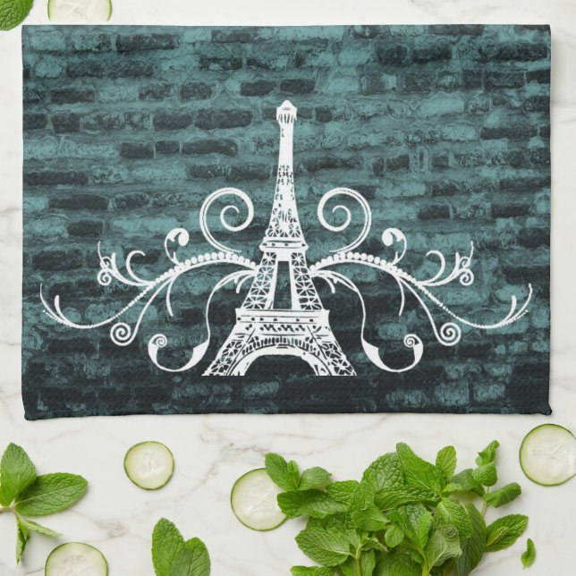 Serviette Eiffel turquoise Grunge Serviette de cui (Plié)
