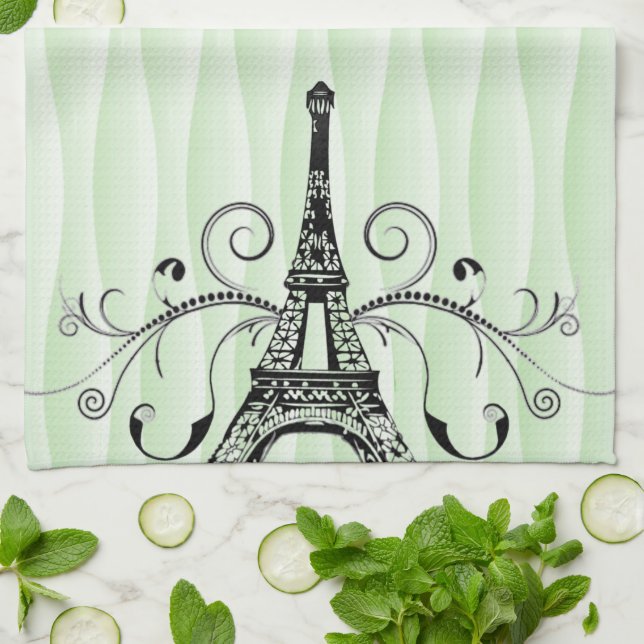 Serviette Eiffel Verte Serviette de cuisine fleuri (Plié)