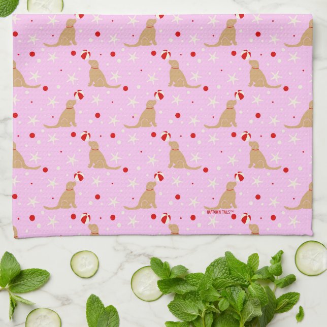 Serviette en coton rose barbe à papa Chiens de pla (Plié)