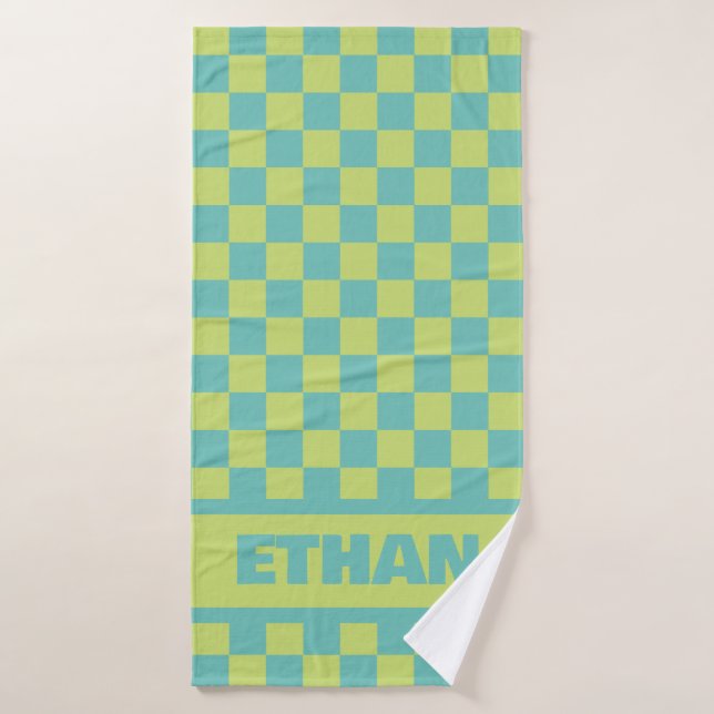 Serviette en damier bleu et vert avec nom personna (Serviette de bain)