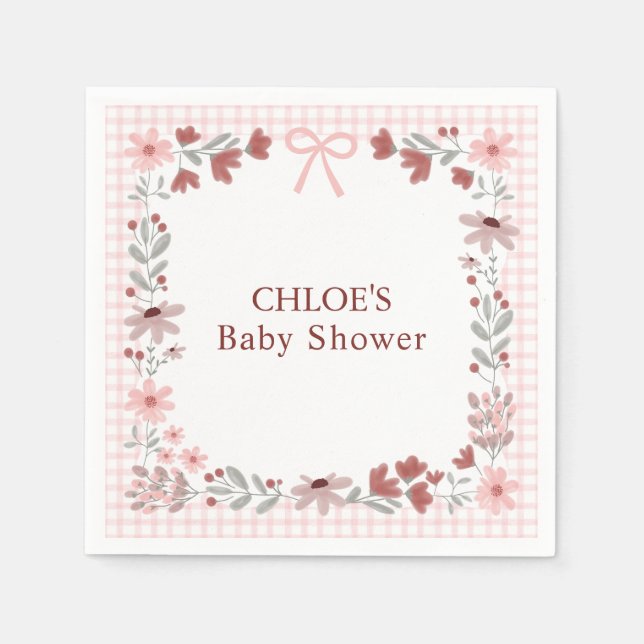 Serviette En Papier 008 Blush Pink Wildflower Bow Gingham Shower (Devant)
