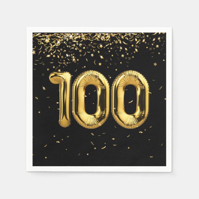 Serviette En Papier 100e anniversaire Ballons d'or et Confetti (Devant)