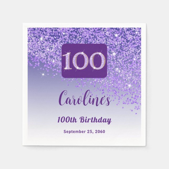 Serviette En Papier 100e anniversaire Chic Parties scintillant violet  (Devant)