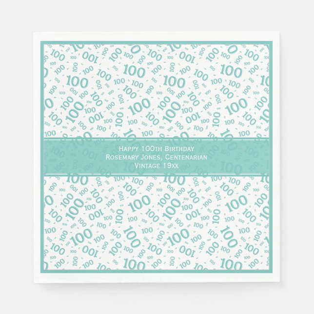 Serviette En Papier 100e anniversaire Cool Numéro Motif Turquoise/blan (Devant)