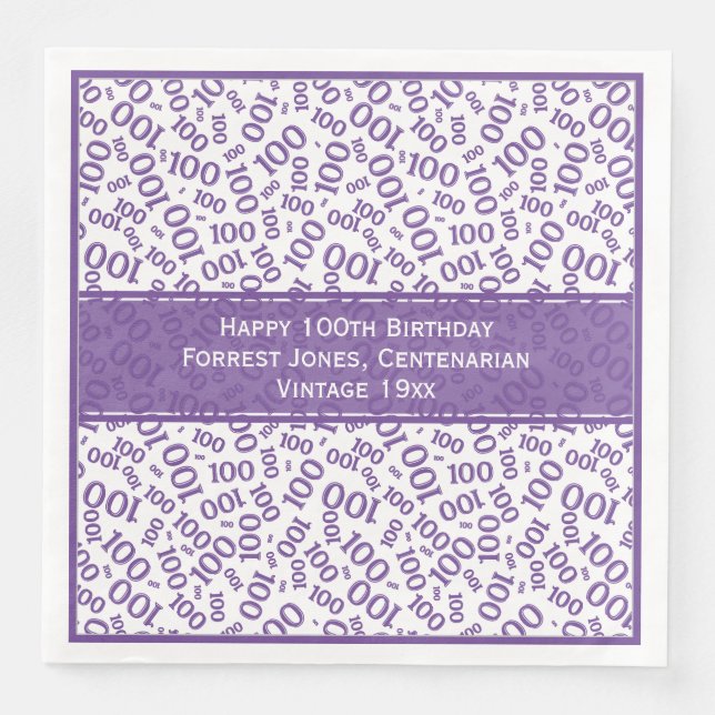 Serviette En Papier 100e anniversaire Cool numéro Motif violet/blanc (Devant)