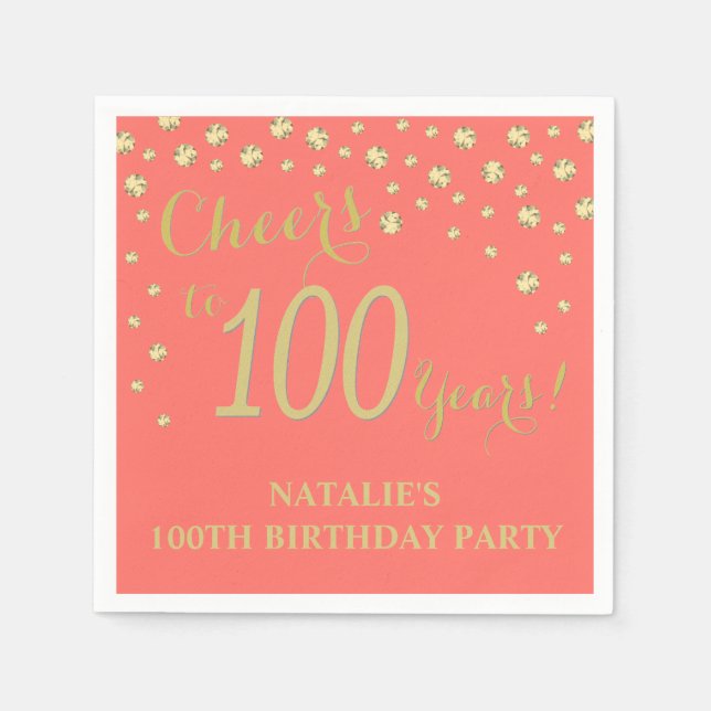 Serviette En Papier 100e anniversaire Coral et Diamant d'or (Devant)