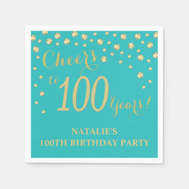 Serviette En Papier 100e anniversaire de mariage Turquoise et Gold Dia (Devant)