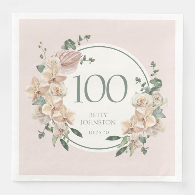 Serviette En Papier 100e Anniversaire Floral Tropical (Devant)