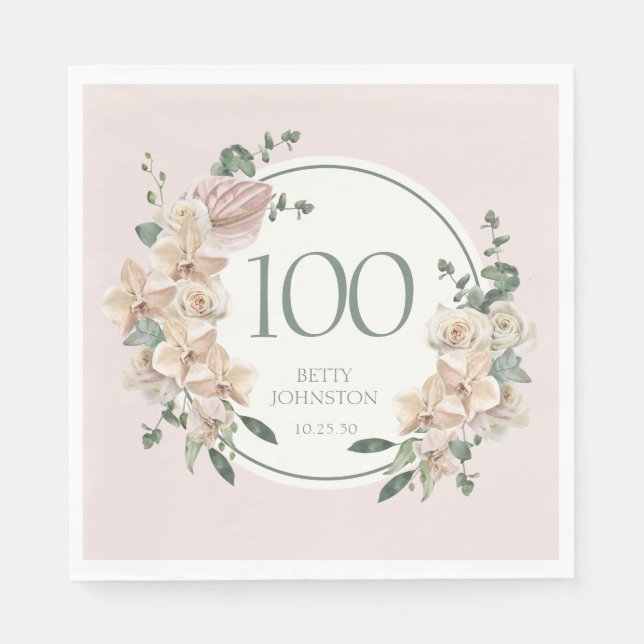 Serviette En Papier 100e Anniversaire Floral Tropical (Devant)