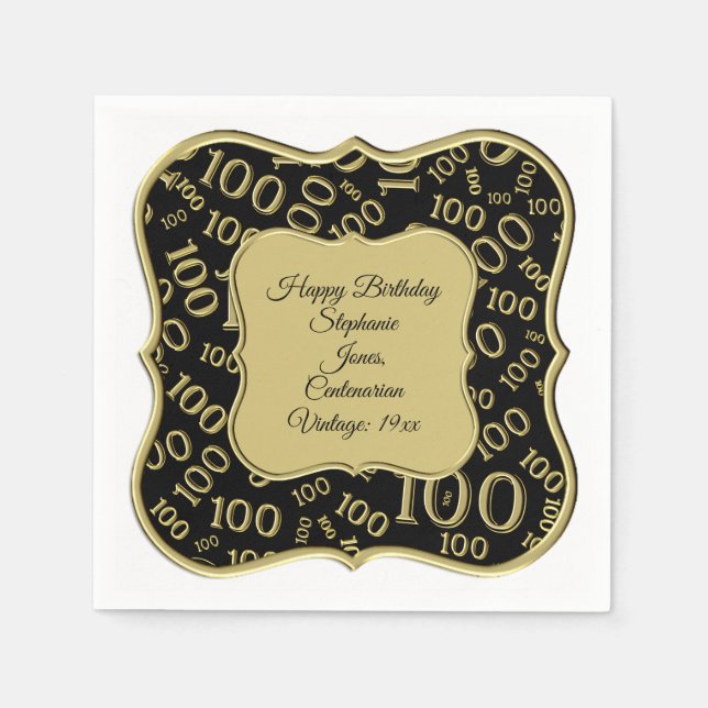 Serviette En Papier 100e anniversaire Gold/Black Number Motif (Devant)