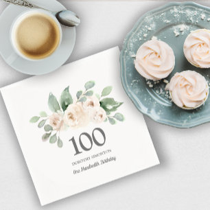 Serviette En Papier 100e fête d'anniversaire Rose blanche Eucalyptus s