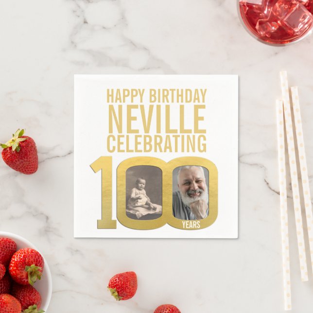 Serviette En Papier 100th happy birthday gold white custom photo (En situation)