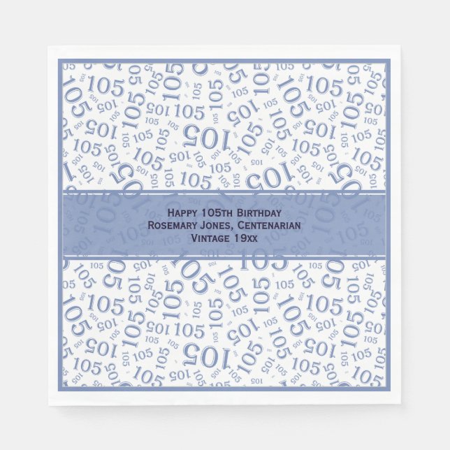 Serviette En Papier 105e anniversaire moderne Nombre Motif bleu/blanc (Devant)