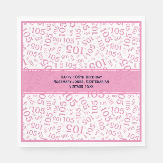 Serviette En Papier 105e anniversaire moderne Nombre Motif rose/blanc (Devant)