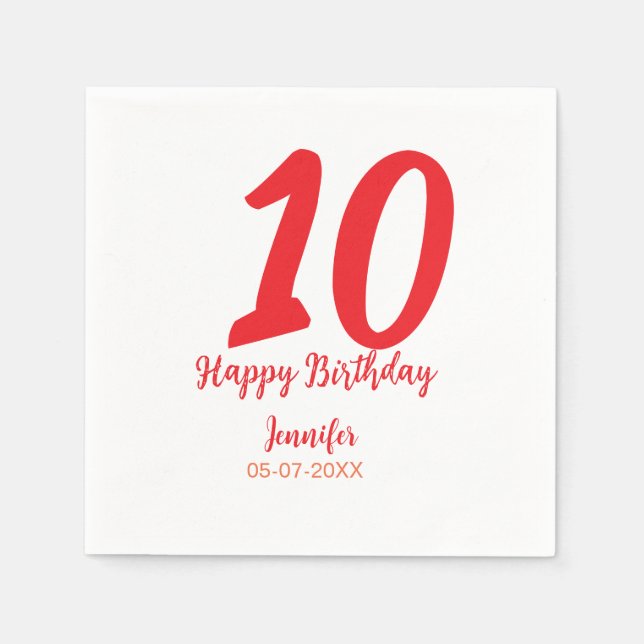 Serviette En Papier 10e anniversaire ajouter nom date année rouge modè (Devant)