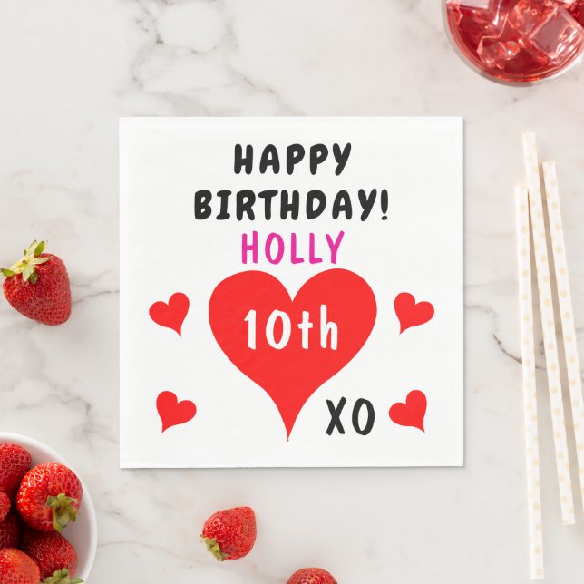 Serviette En Papier 10e anniversaire Cœurs rouges Nom Tout âge (En situation)