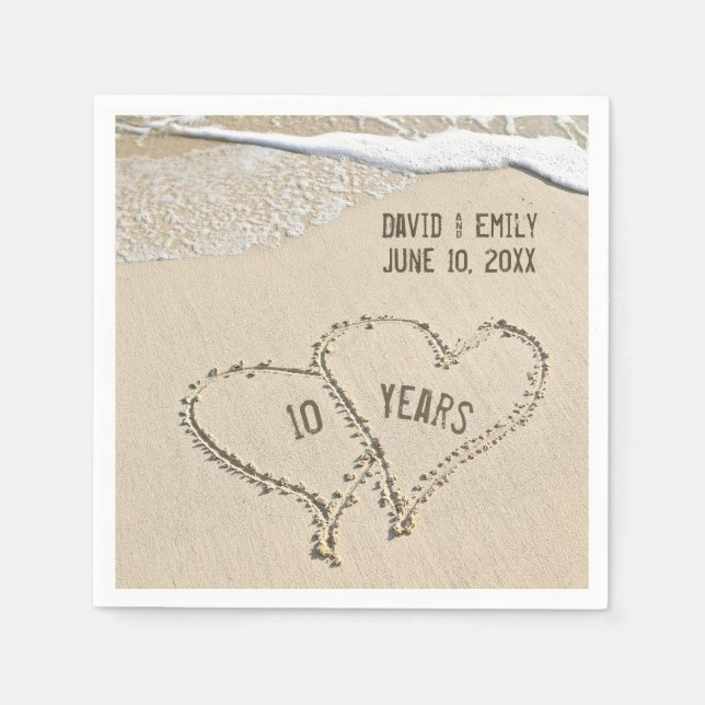 Serviette En Papier 10e Anniversaire Plage Coeurs serviettes (Devant)