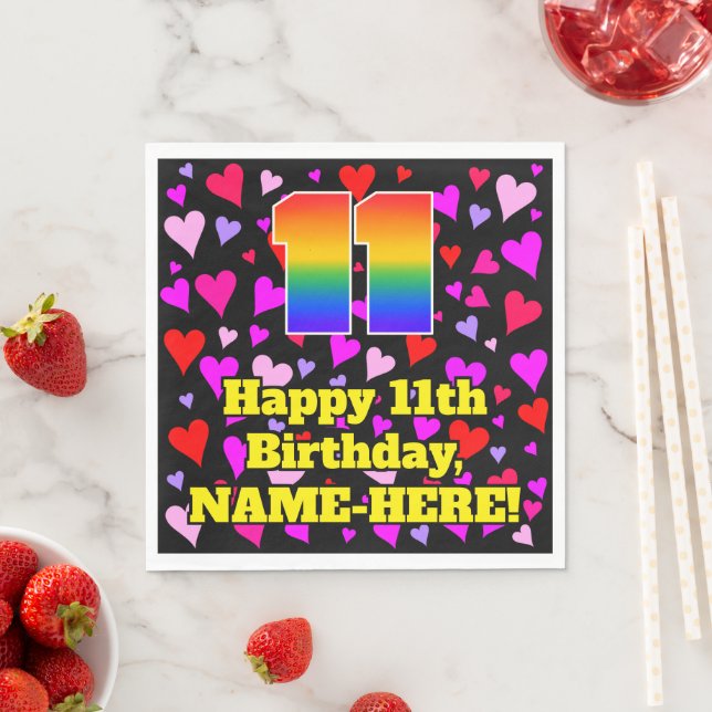 Serviette En Papier 11e anniversaire : Amour Hearts Motif, Arc-en-ciel (En situation)