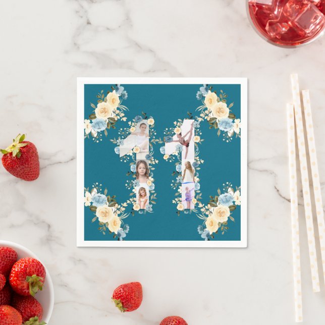 Serviette En Papier 11e anniversaire Turquoise photo Collage Fleur Jau (En situation)