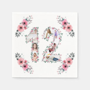 Serviette En Papier 12e anniversaire fille Fleur Photo Collage blanc