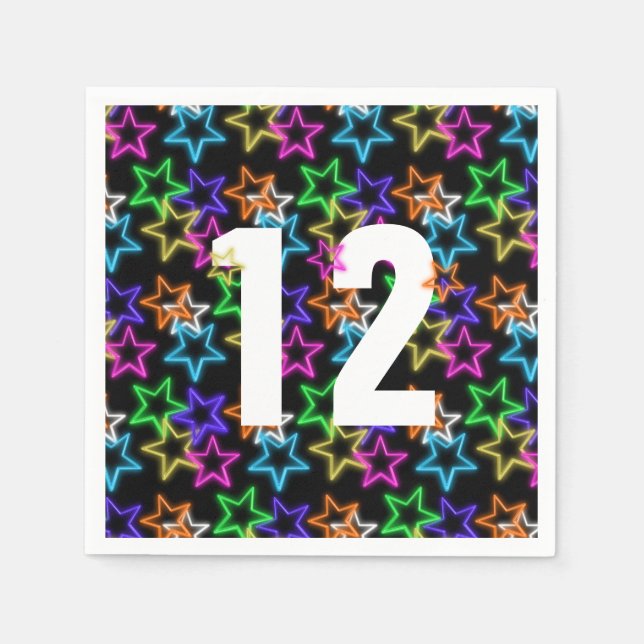 Serviette En Papier 12e Anniversaire Neon Étoiles Sur Noir (Devant)