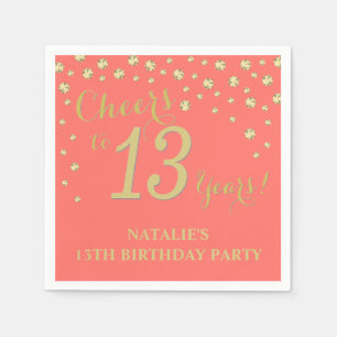 Serviette En Papier 13e anniversaire Coral et Diamant Or Napkins