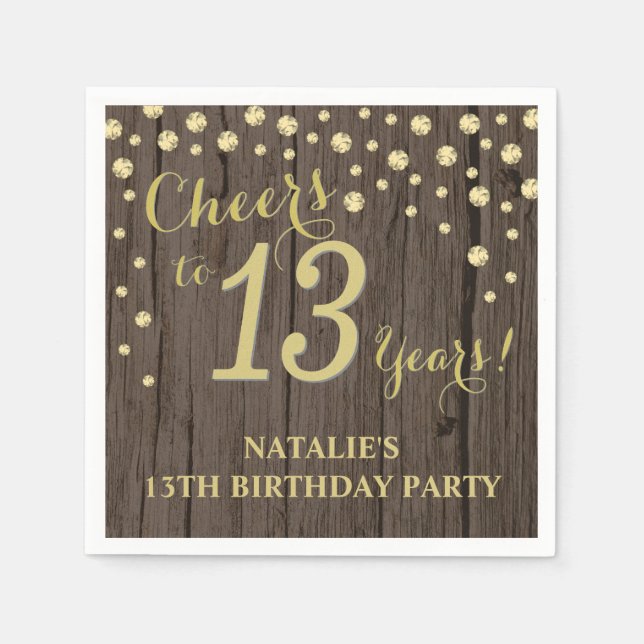 Serviette En Papier 13e fête d'anniversaire Bois rustique et Diamant d (Devant)