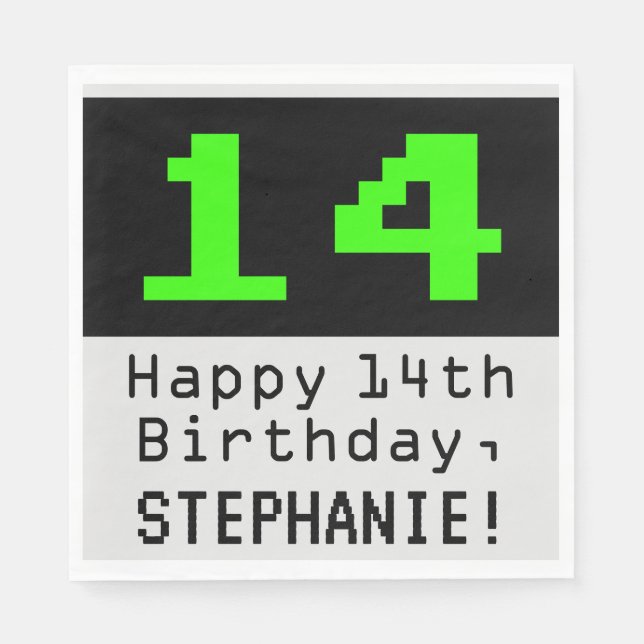Serviette En Papier 14e anniversaire - Nerdy / Geeky Style "14" & Nom (Devant)