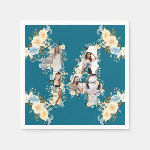 Serviette En Papier 14e anniversaire Photo Collage Turquoise Fleur Jau