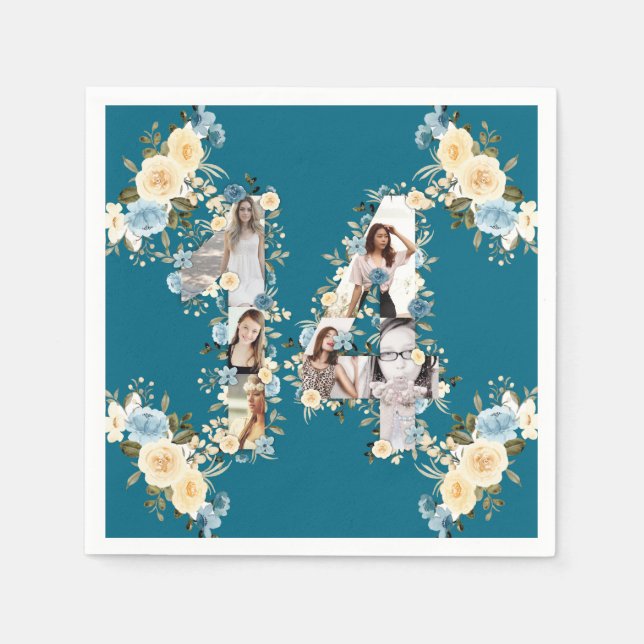 Serviette En Papier 14e anniversaire Photo Collage Turquoise Fleur Jau (Devant)